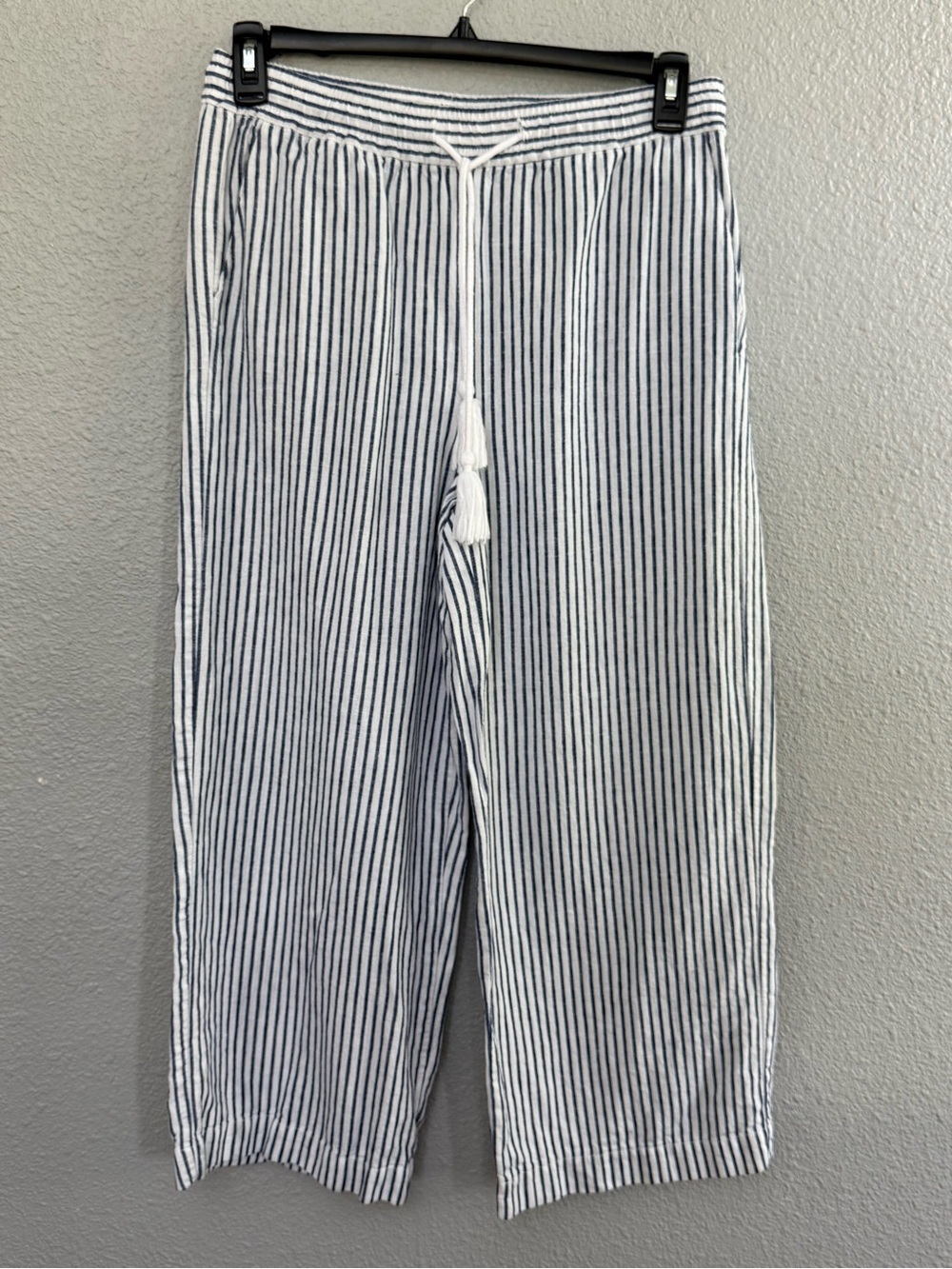 Anne Klein Striped Drawstring Wide-Leg Crop Pants Size Small Linen Blend